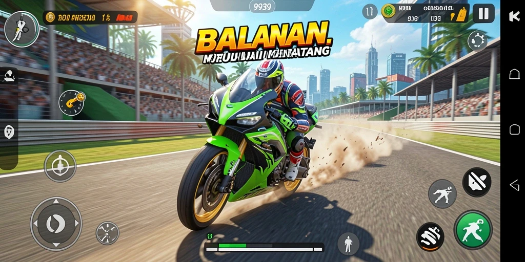 Screenshot gameplay 9939 yang menampilkan aksi balapan motor yang mendebarkan.