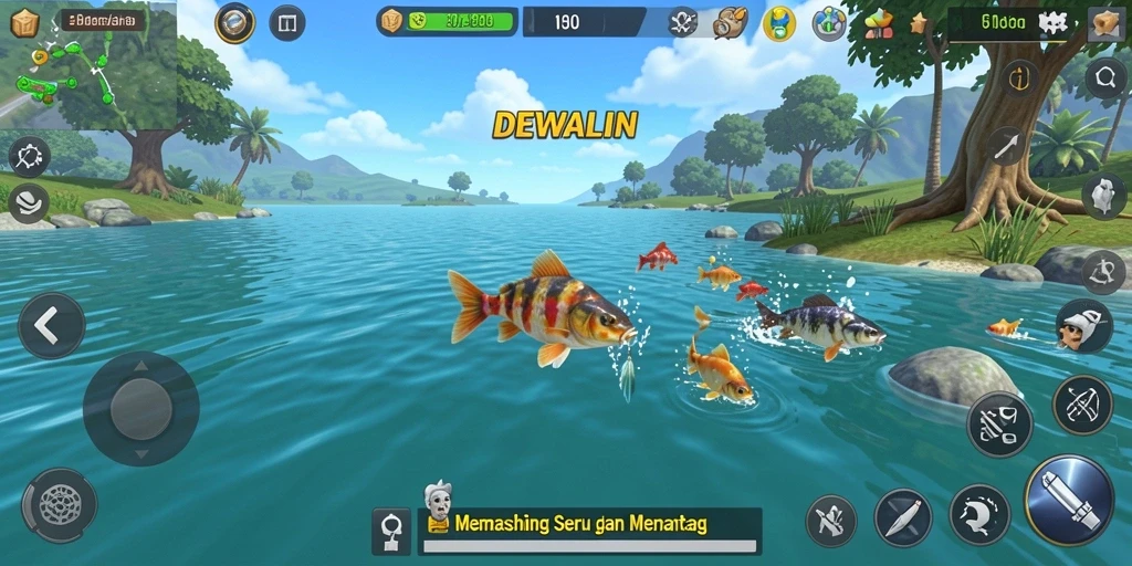 Screenshot gameplay DEWALIN yang menunjukkan aksi memancing yang mendebarkan.