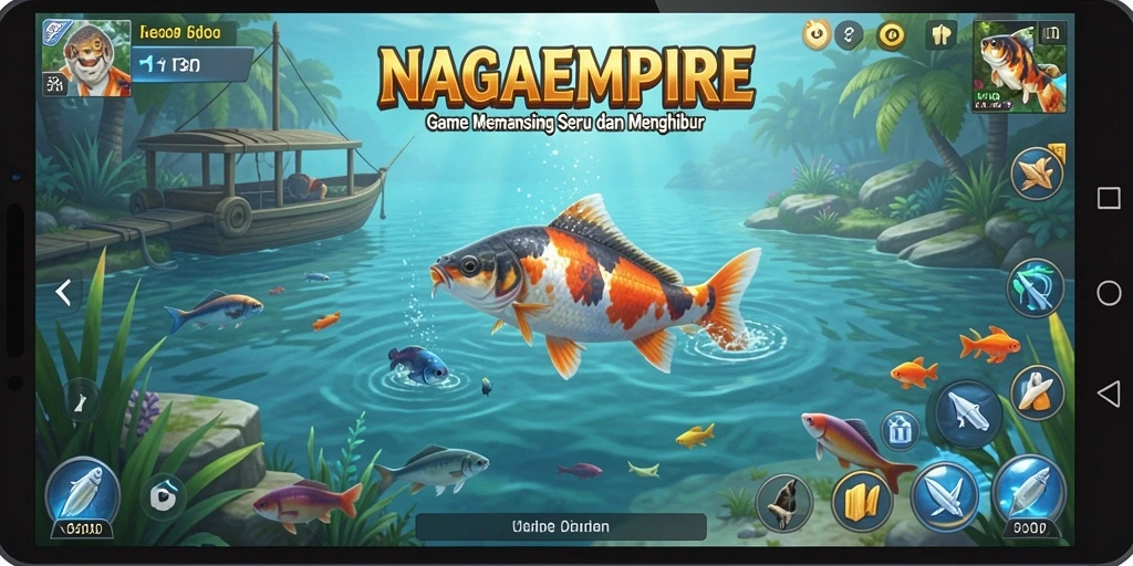 Screenshot gameplay NAGAEMPIRE menampilkan momen menangkap ikan besar.