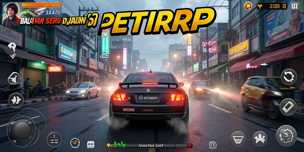 Screenshot utama menampilkan aksi balapan menarik di jalanan.